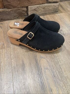 Skechers, Black Suede Clog Mules with Buckle Size 9